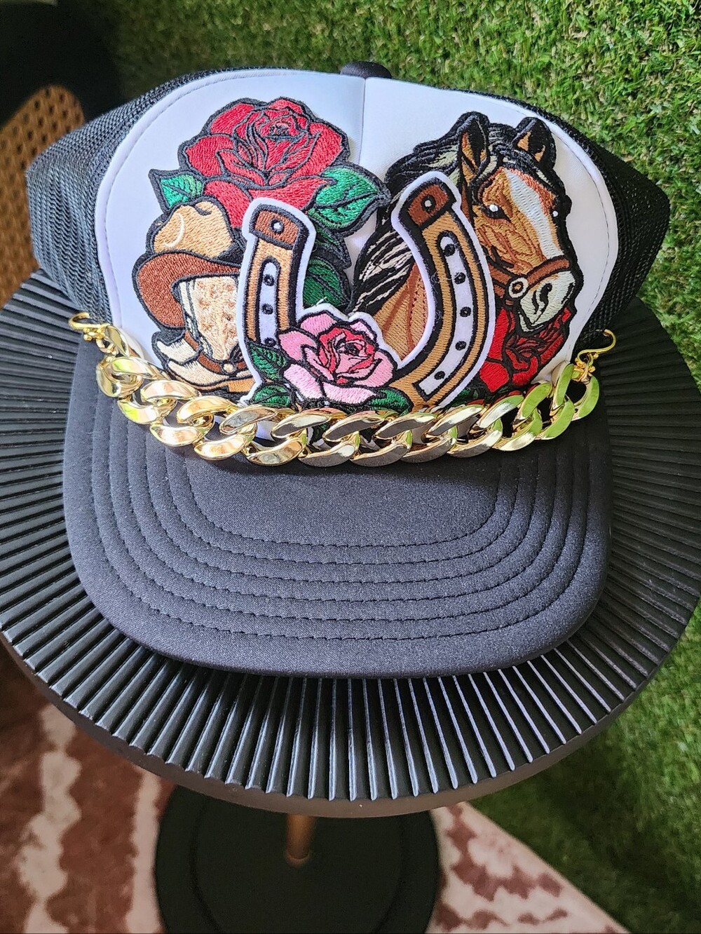 NEW!! Womens Black Trucker Cap with Horseshoe Patches and Gold Chain, NWT